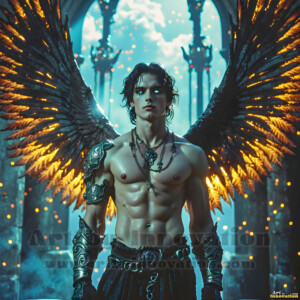 In this gallery, AI-generated dark angels handsome fallen angels with massive black and silver wings in gothic atmospheric settings. UHD digital art collection.