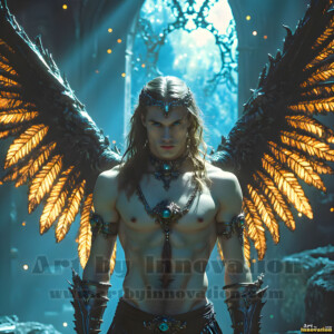 In this gallery, AI-generated dark angels handsome fallen angels with massive black and silver wings in gothic atmospheric settings. UHD digital art collection.