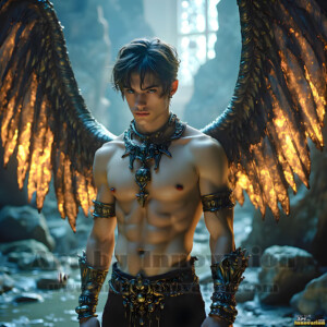 In this gallery, AI-generated dark angels handsome fallen angels with massive black and silver wings in gothic atmospheric settings. UHD digital art collection.