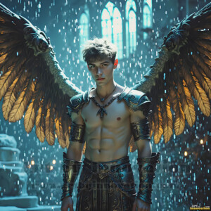 In this gallery, AI-generated dark angels handsome fallen angels with massive black and silver wings in gothic atmospheric settings. UHD digital art collection.