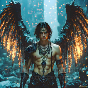 In this gallery, AI-generated dark angels handsome fallen angels with massive black and silver wings in gothic atmospheric settings. UHD digital art collection.
