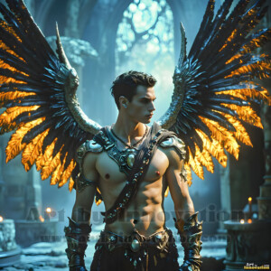 In this gallery, AI-generated dark angels — handsome fallen angels with massive black and silver wings in gothic atmospheric settings. UHD digital art collection.