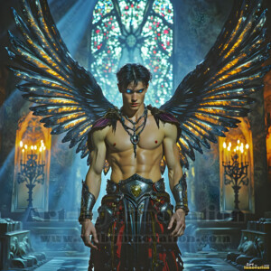 In this gallery, AI-generated dark angels handsome fallen angels with massive black and silver wings in gothic atmospheric settings. UHD digital art collection.