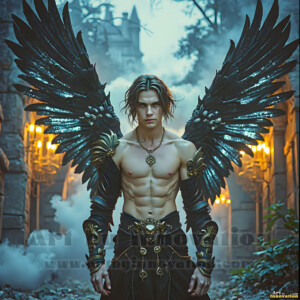 In this gallery, AI-generated dark angels handsome fallen angels with massive black and silver wings in gothic atmospheric settings. UHD digital art collection.