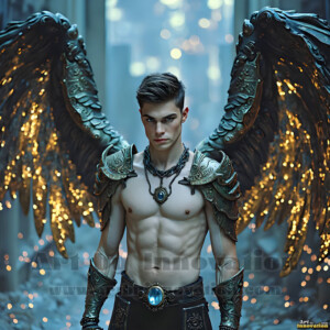 In this gallery, AI-generated dark angels handsome fallen angels with massive black and silver wings in gothic atmospheric settings. UHD digital art collection.
