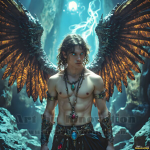 In this gallery, AI-generated dark angels handsome fallen angels with massive black and silver wings in gothic atmospheric settings. UHD digital art collection.