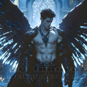 In this gallery, AI-generated dark angels handsome fallen angels with massive black and silver wings in gothic atmospheric settings. UHD digital art collection.