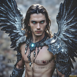 In this gallery, AI-generated dark angels handsome fallen angels with massive black and silver wings in gothic atmospheric settings. UHD digital art collection.