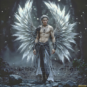 In this gallery, AI-generated dark angels handsome fallen angels with massive black and silver wings in gothic atmospheric settings. UHD digital art collection.