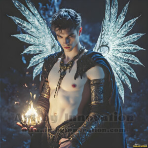In this gallery, AI-generated dark angels handsome fallen angels with massive black and silver wings in gothic atmospheric settings. UHD digital art collection.