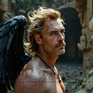 In this gallery, AI-generated dark angels handsome fallen angels with massive black and silver wings in gothic atmospheric settings. UHD digital art collection.