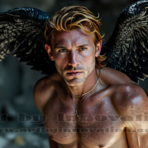 In this gallery, AI-generated dark angels handsome fallen angels with massive black and silver wings in gothic atmospheric settings. UHD digital art collection.
