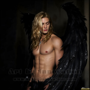 In this gallery, AI-generated dark angels handsome fallen angels with massive black and silver wings in gothic atmospheric settings. UHD digital art collection.