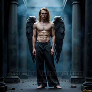 In this gallery, AI-generated dark angels handsome fallen angels with massive black and silver wings in gothic atmospheric settings. UHD digital art collection.
