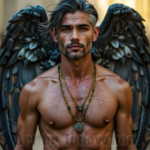 In this gallery, AI-generated dark angels handsome fallen angels with massive black and silver wings in gothic atmospheric settings. UHD digital art collection.