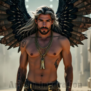 In this gallery, AI-generated dark angels handsome fallen angels with massive black and silver wings in gothic atmospheric settings. UHD digital art collection.