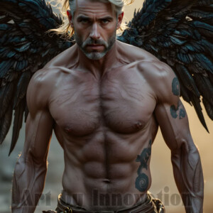 In this gallery, AI-generated dark angels handsome fallen angels with massive black and silver wings in gothic atmospheric settings. UHD digital art collection.