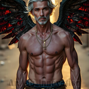 In this gallery, AI-generated dark angels handsome fallen angels with massive black and silver wings in gothic atmospheric settings. UHD digital art collection.