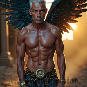 In this gallery, AI-generated dark angels handsome fallen angels with massive black and silver wings in gothic atmospheric settings. UHD digital art collection.