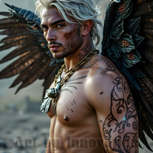 In this gallery, AI-generated dark angels handsome fallen angels with massive black and silver wings in gothic atmospheric settings. UHD digital art collection.