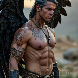 In this gallery, AI-generated dark angels handsome fallen angels with massive black and silver wings in gothic atmospheric settings. UHD digital art collection.
