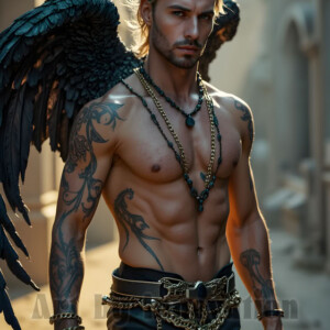 In this gallery, AI-generated dark angels handsome fallen angels with massive black and silver wings in gothic atmospheric settings. UHD digital art collection.