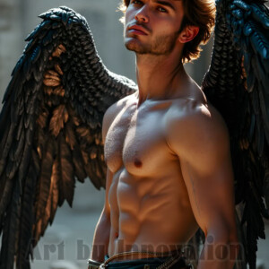 In this gallery, AI-generated dark angels handsome fallen angels with massive black and silver wings in gothic atmospheric settings. UHD digital art collection.
