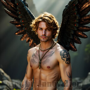 In this gallery, AI-generated dark angels handsome fallen angels with massive black and silver wings in gothic atmospheric settings. UHD digital art collection.