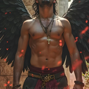 In this gallery, AI-generated dark angels handsome fallen angels with massive black and silver wings in gothic atmospheric settings. UHD digital art collection.
