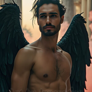 In this gallery, AI-generated dark angels handsome fallen angels with massive black and silver wings in gothic atmospheric settings. UHD digital art collection.