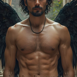 In this gallery, AI-generated dark angels handsome fallen angels with massive black and silver wings in gothic atmospheric settings. UHD digital art collection.