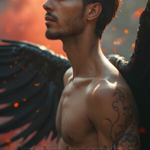 In this gallery, AI-generated dark angels handsome fallen angels with massive black and silver wings in gothic atmospheric settings. UHD digital art collection.