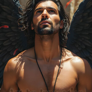 In this gallery, AI-generated dark angels handsome fallen angels with massive black and silver wings in gothic atmospheric settings. UHD digital art collection.