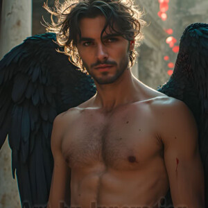 In this gallery, AI-generated dark angels handsome fallen angels with massive black and silver wings in gothic atmospheric settings. UHD digital art collection.