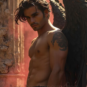 In this gallery, AI-generated dark angels handsome fallen angels with massive black and silver wings in gothic atmospheric settings. UHD digital art collection.