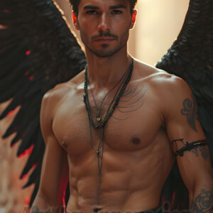 In this gallery, AI-generated dark angels handsome fallen angels with massive black and silver wings in gothic atmospheric settings. UHD digital art collection.