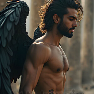 In this gallery, AI-generated dark angels handsome fallen angels with massive black and silver wings in gothic atmospheric settings. UHD digital art collection.