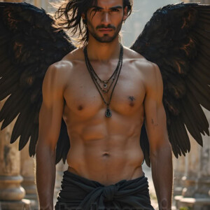 In this gallery, AI-generated dark angels handsome fallen angels with massive black and silver wings in gothic atmospheric settings. UHD digital art collection.