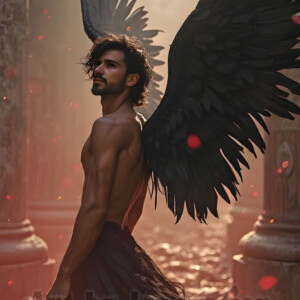 In this gallery, AI-generated dark angels handsome fallen angels with massive black and silver wings in gothic atmospheric settings. UHD digital art collection.