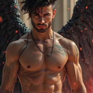 In this gallery, AI-generated dark angels handsome fallen angels with massive black and silver wings in gothic atmospheric settings. UHD digital art collection.