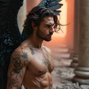 In this gallery, AI-generated dark angels handsome fallen angels with massive black and silver wings in gothic atmospheric settings. UHD digital art collection.