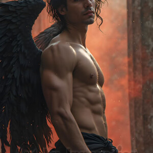 In this gallery, AI-generated dark angels handsome fallen angels with massive black and silver wings in gothic atmospheric settings. UHD digital art collection.