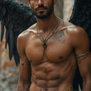 In this gallery, AI-generated dark angels handsome fallen angels with massive black and silver wings in gothic atmospheric settings. UHD digital art collection.