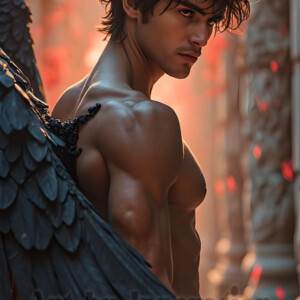In this gallery, AI-generated dark angels handsome fallen angels with massive black and silver wings in gothic atmospheric settings. UHD digital art collection.