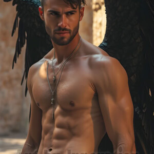 In this gallery, AI-generated dark angels handsome fallen angels with massive black and silver wings in gothic atmospheric settings. UHD digital art collection.