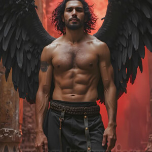 In this gallery, AI-generated dark angels handsome fallen angels with massive black and silver wings in gothic atmospheric settings. UHD digital art collection.