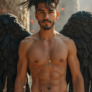 In this gallery, AI-generated dark angels handsome fallen angels with massive black and silver wings in gothic atmospheric settings. UHD digital art collection.