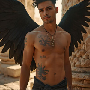 In this gallery, AI-generated dark angels handsome fallen angels with massive black and silver wings in gothic atmospheric settings. UHD digital art collection.