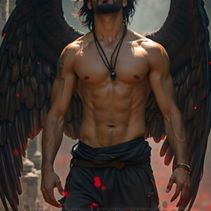 In this gallery, AI-generated dark angels handsome fallen angels with massive black and silver wings in gothic atmospheric settings. UHD digital art collection.