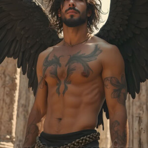 In this gallery, AI-generated dark angels handsome fallen angels with massive black and silver wings in gothic atmospheric settings. UHD digital art collection.